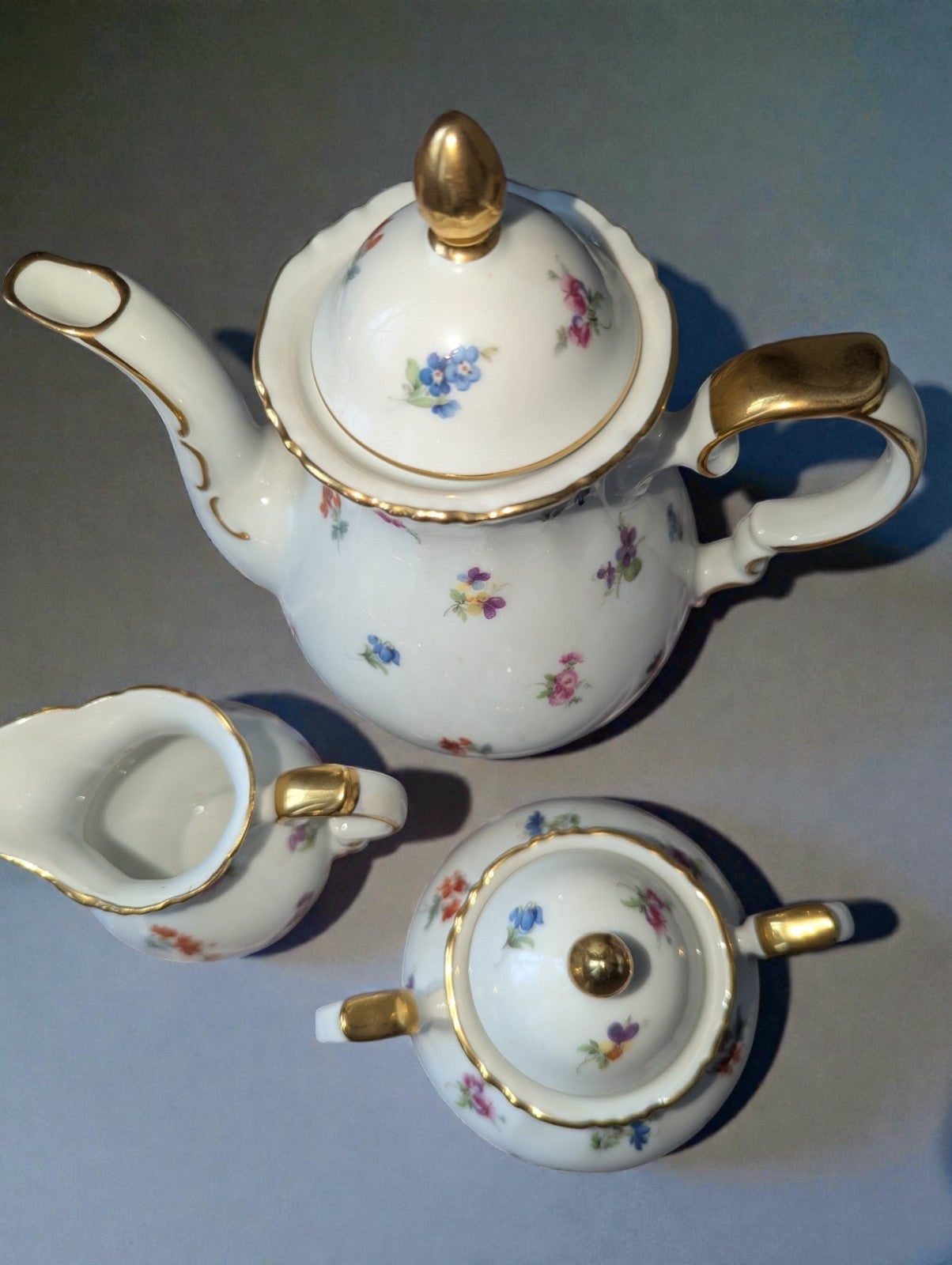 Vintage 22K Gold Bayreuth Gloria Fine Porcelain Coffee Set-Pot, Sugar, Creamer