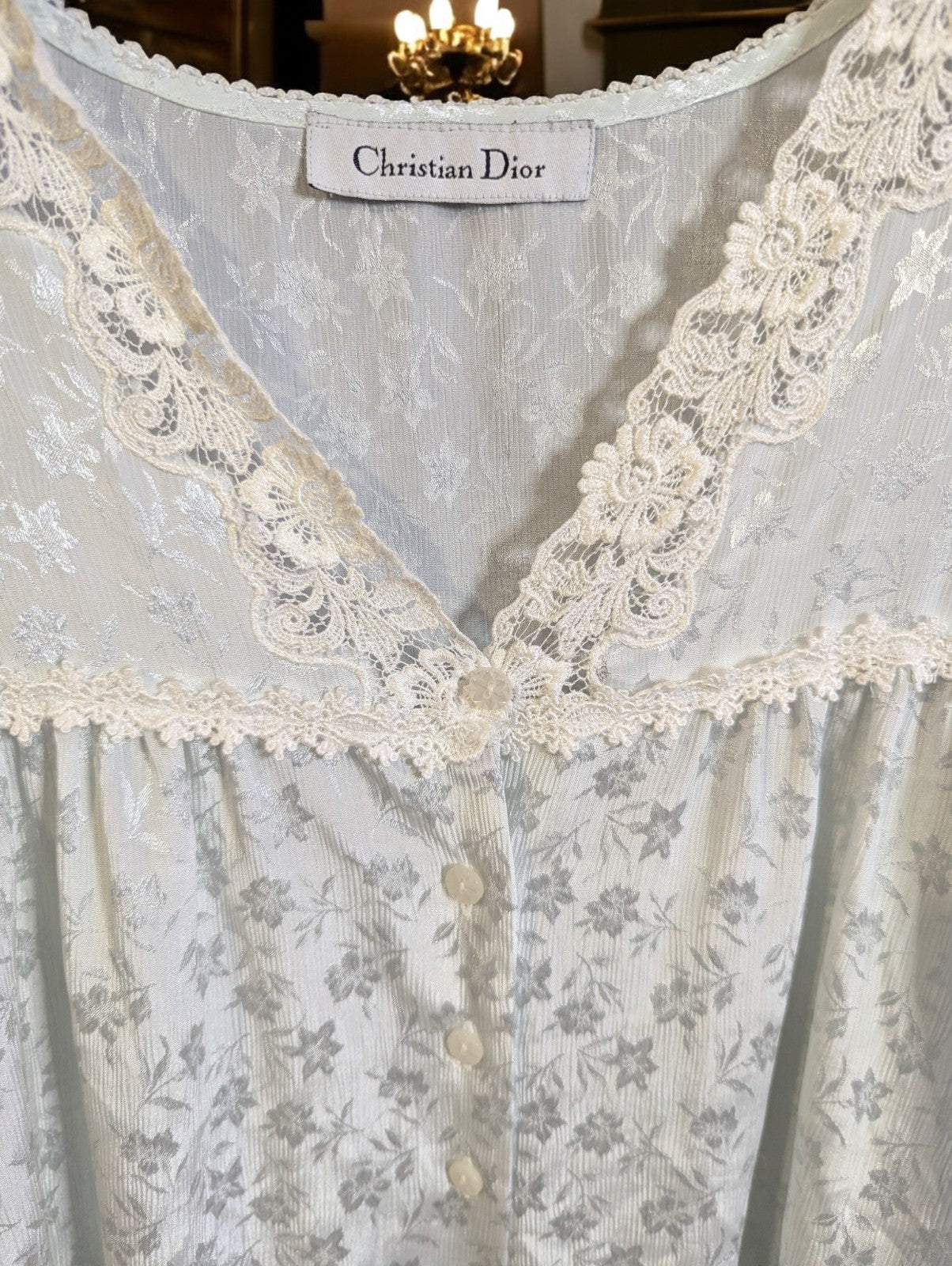 Vintage Christian Dior Floral Lace Trim Nightgown, Light Blue/Ivory, Size L