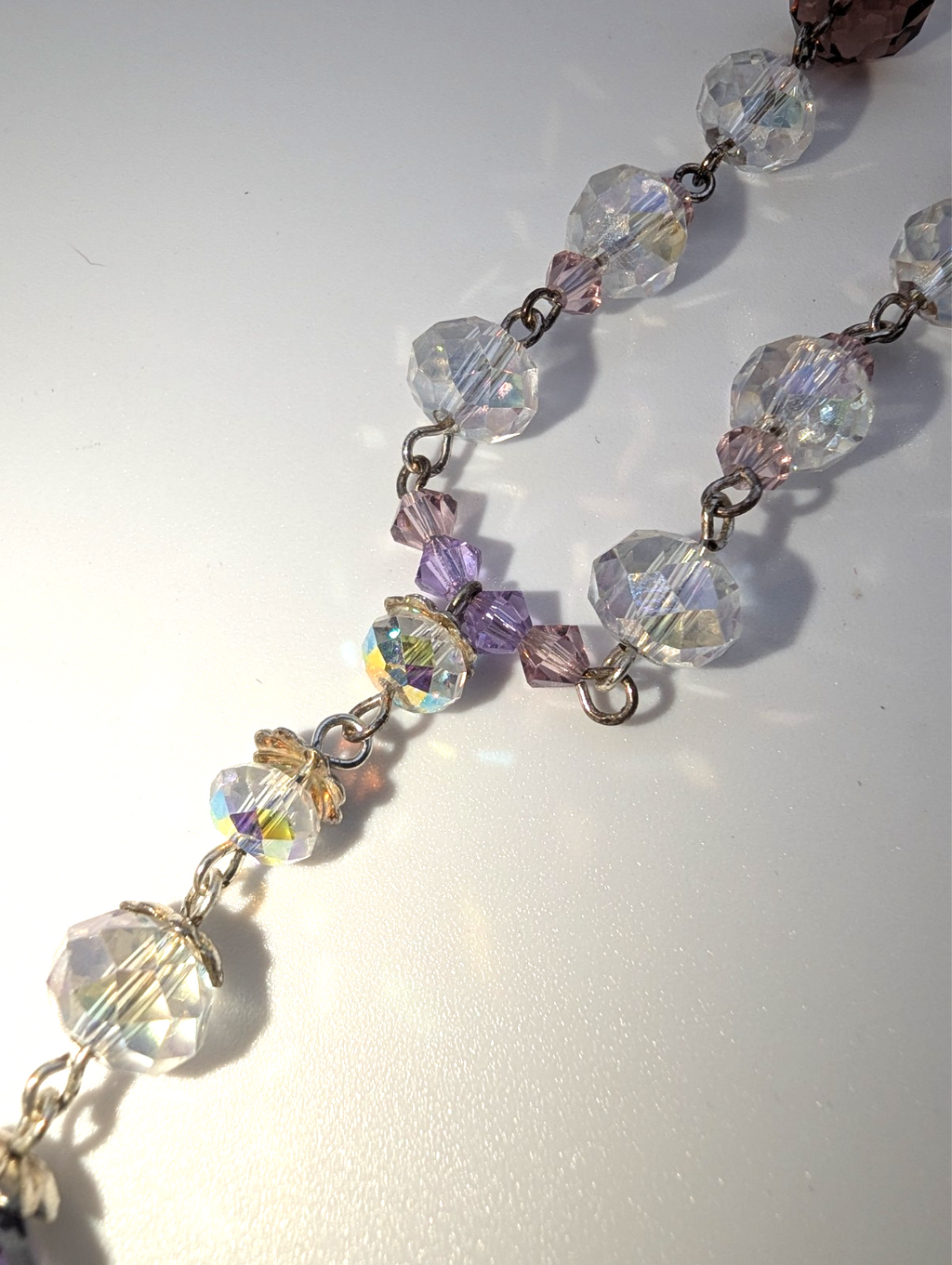 Vintage Aurora Borealis and Purple Faceted Glass Bead Necklace, 16"