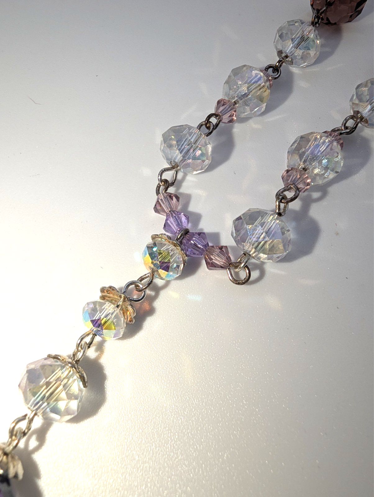 Vintage Aurora Borealis and Purple Faceted Glass Bead Necklace, 16"