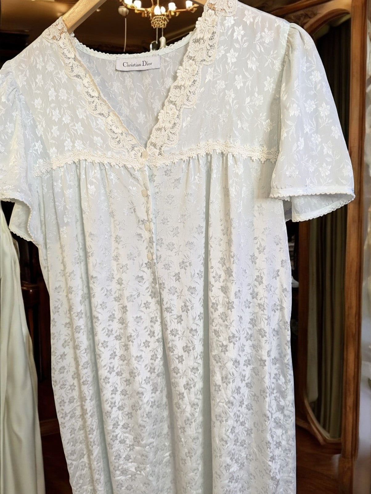 Vintage Christian Dior Floral Lace Trim Nightgown, Light Blue/Ivory, Size L