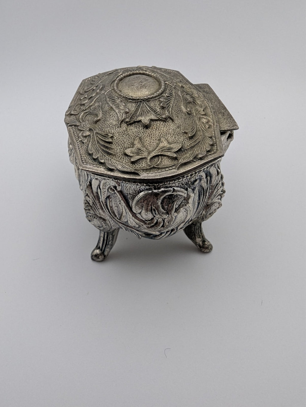 Vintage Metal Footed Jewelry Box Trinket Casket Blue Felt, 3.5"x2.5"