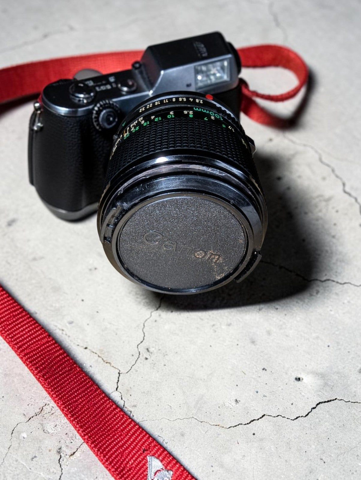 Vintage Canon AE-1 Program with FD 100mm Focus Lens and Speedlite 155A