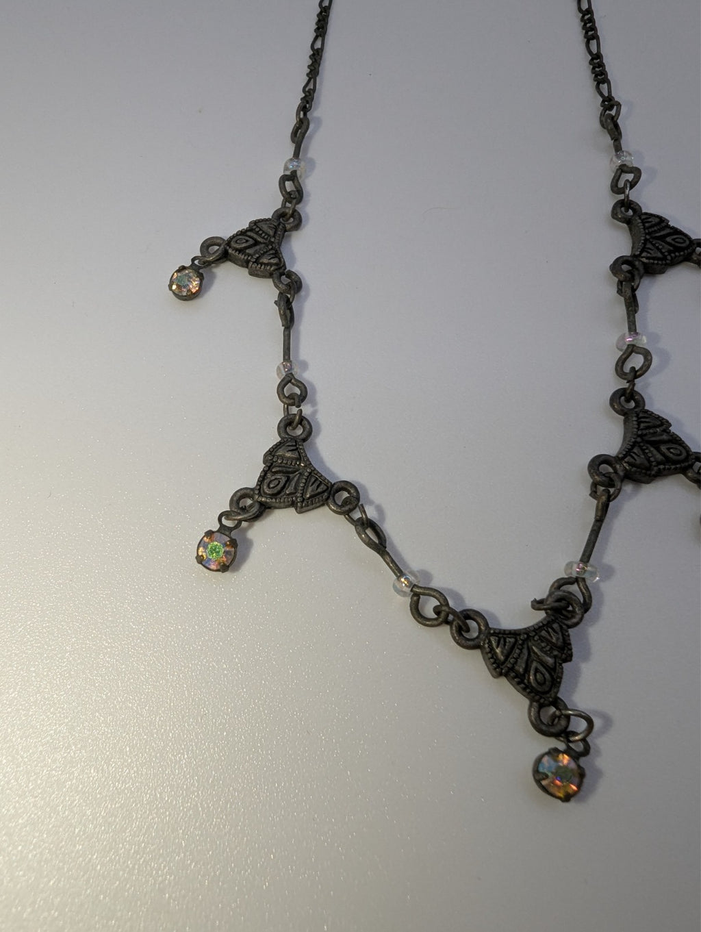Antique Scrolled Victorian-Style Filigree Necklace Dangling Glass Gems, 16"