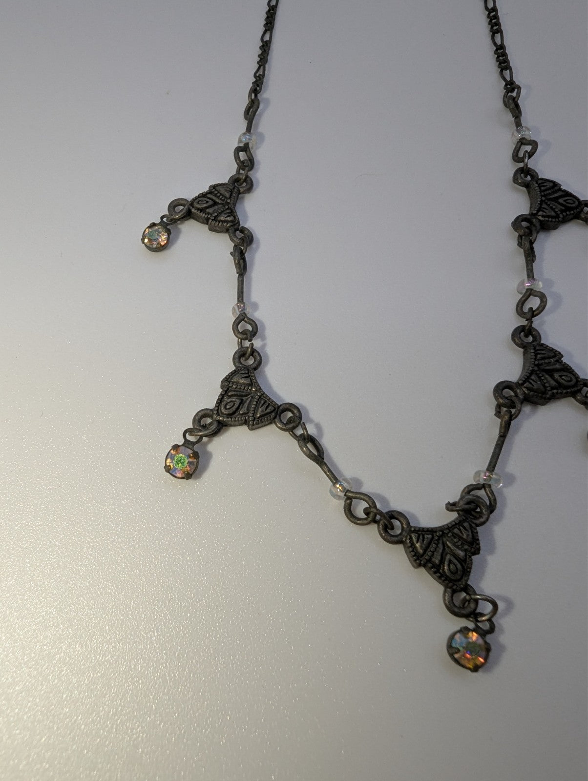 Antique Scrolled Victorian-Style Filigree Necklace Dangling Glass Gems, 16"
