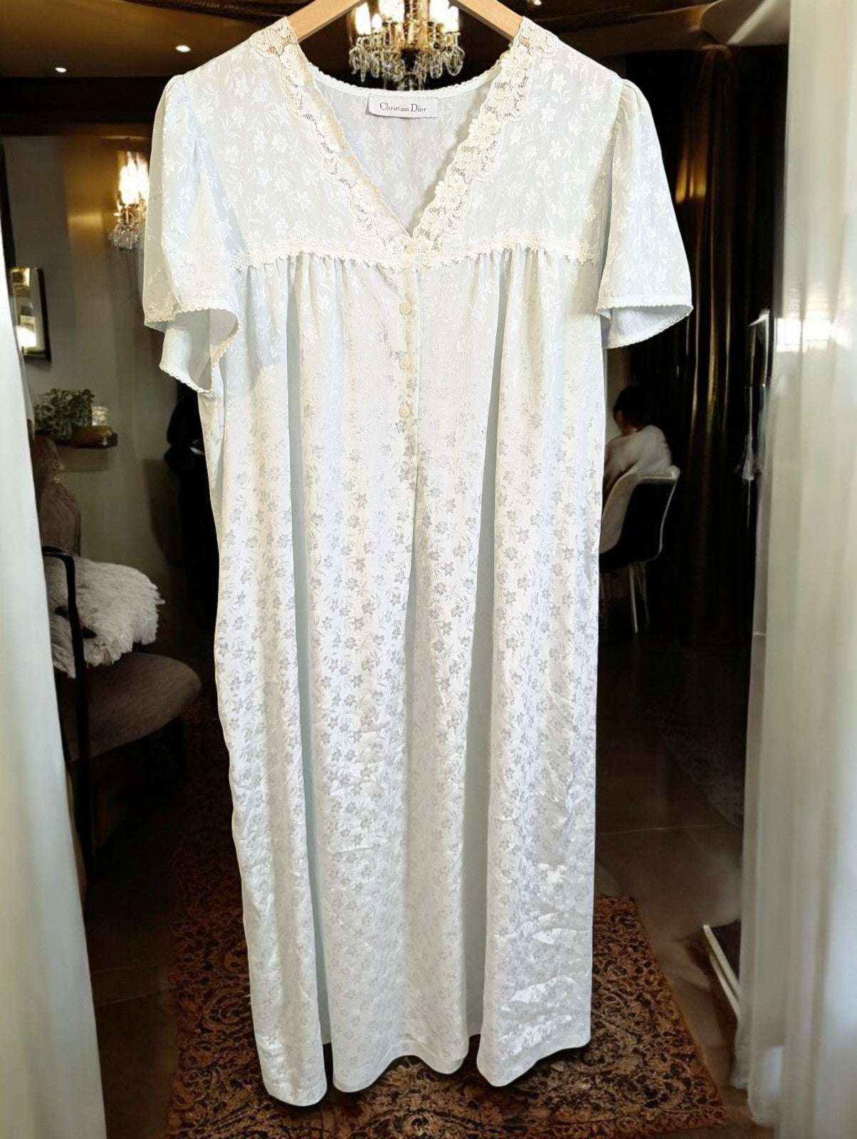Vintage Christian Dior Floral Lace Trim Nightgown, Light Blue/Ivory, Size L