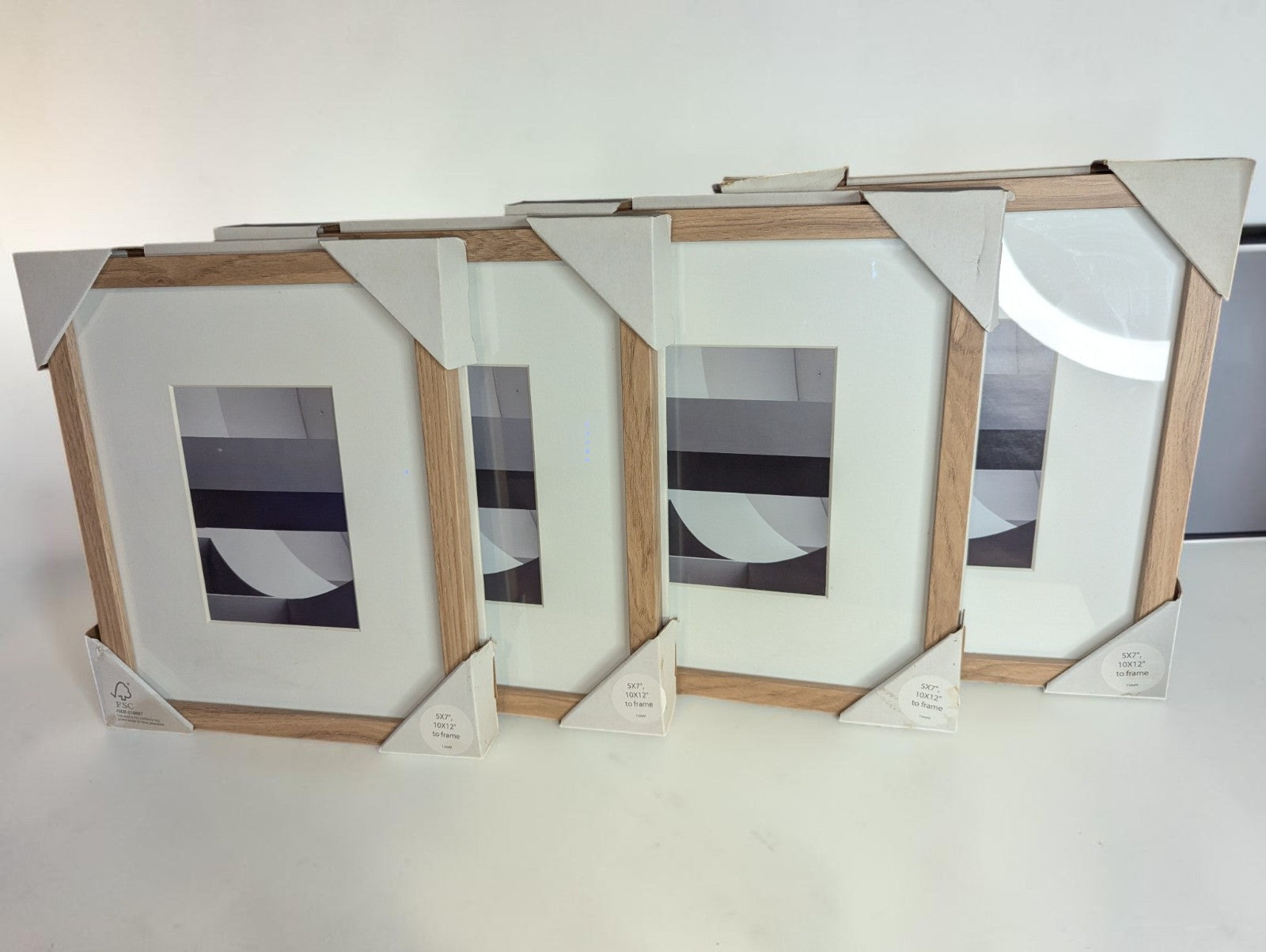 (4) Thin Light Wood Grain Picture Frames with Mat 5x7 or 10x12,Set of 4, NIB