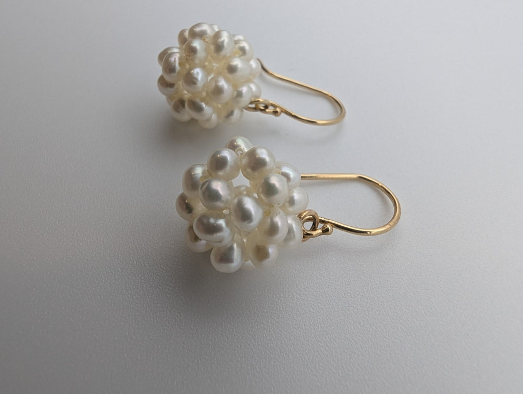 14K yellow gold white pearl cluster dangle earrings