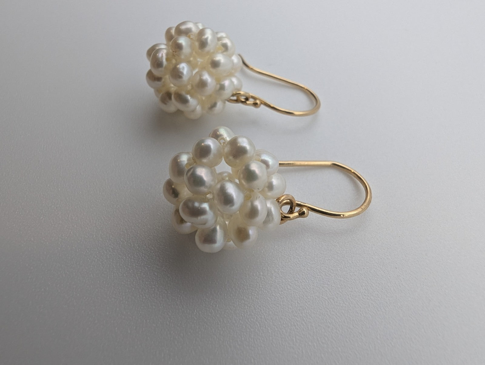 14K yellow gold white pearl cluster dangle earrings