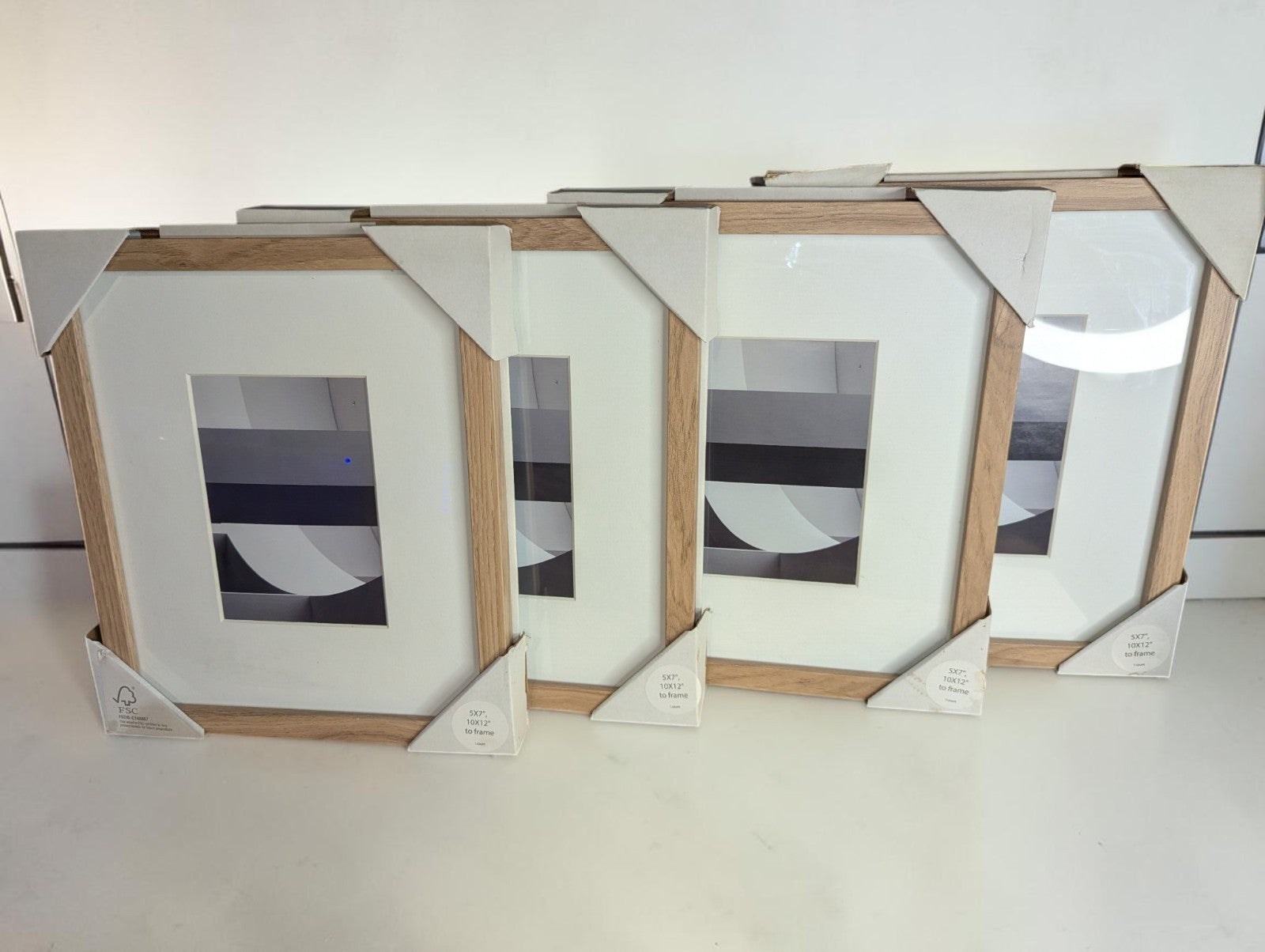 (4) Thin Light Wood Grain Picture Frames with Mat 5x7 or 10x12,Set of 4, NIB