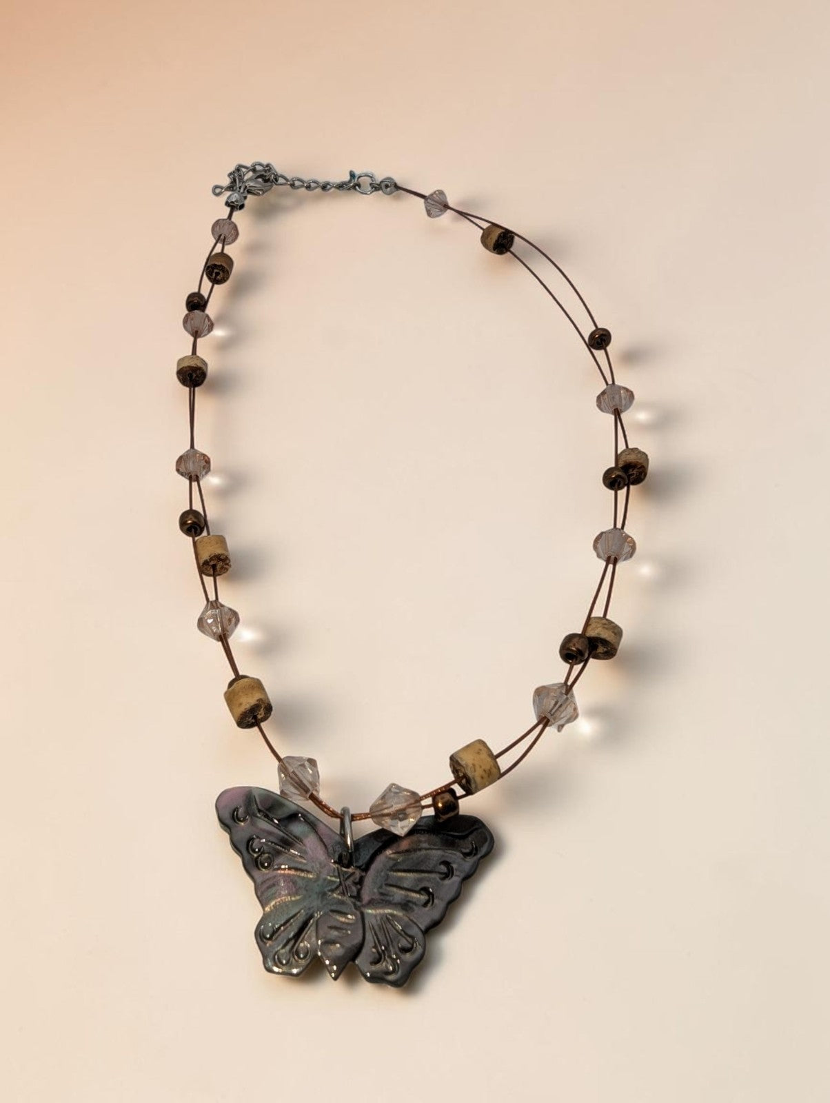 Irridescent Abalone Shell and Wood Bead Butterfly Necklace, 12"