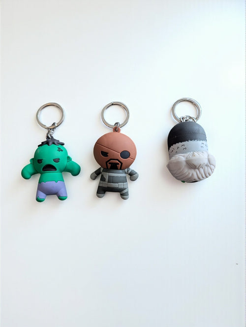 (3) Marvel 3D Keychains, Lot of 3 Nick Fury, Tsum Tsum Black Cat, Hulk