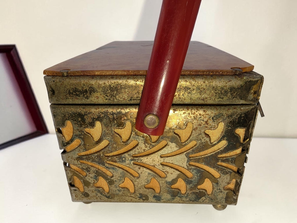 1950s Brass Filigree Box Purse, Amber Colored Plastic Lid