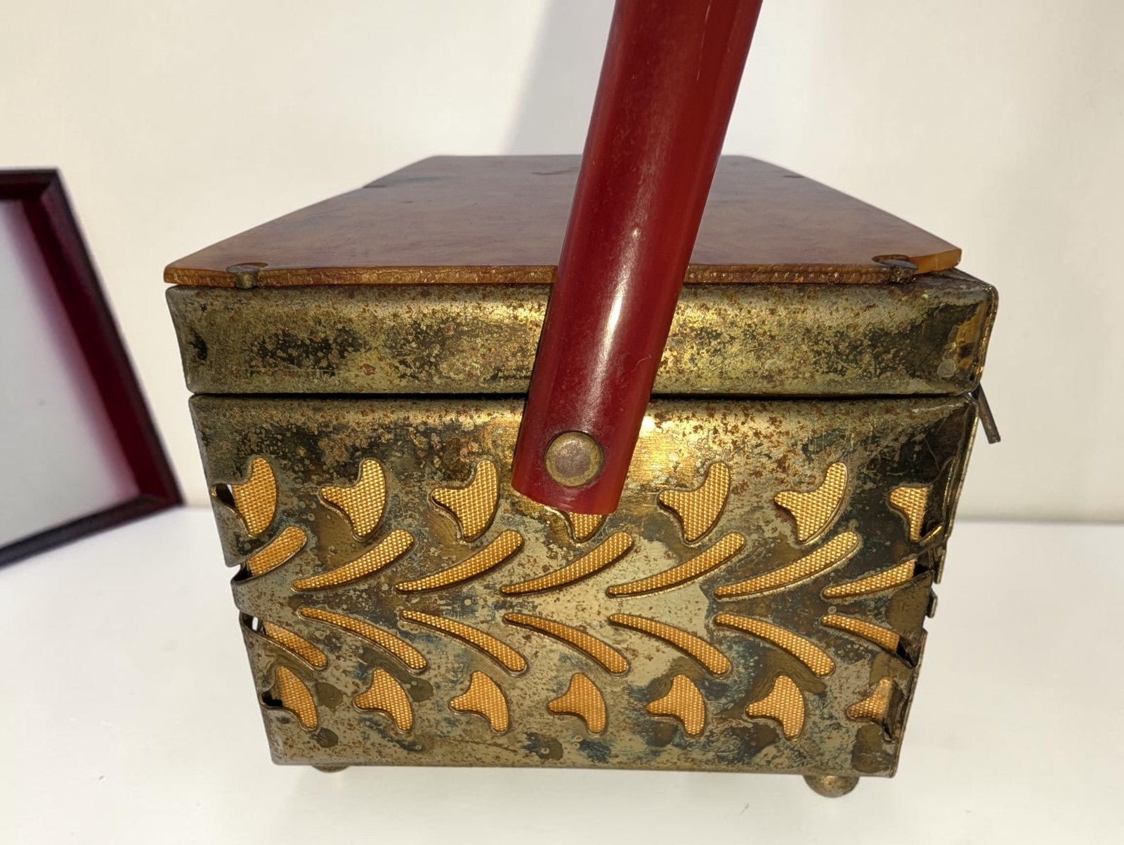 1950s Brass Filigree Box Purse, Amber Colored Plastic Lid