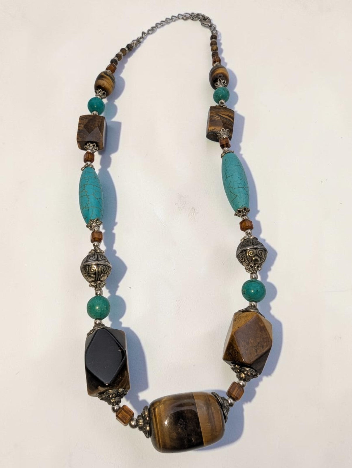 Vintage Tiger's Eye and Turquise Statement Necklace with Silver-Toned Beads, 18"