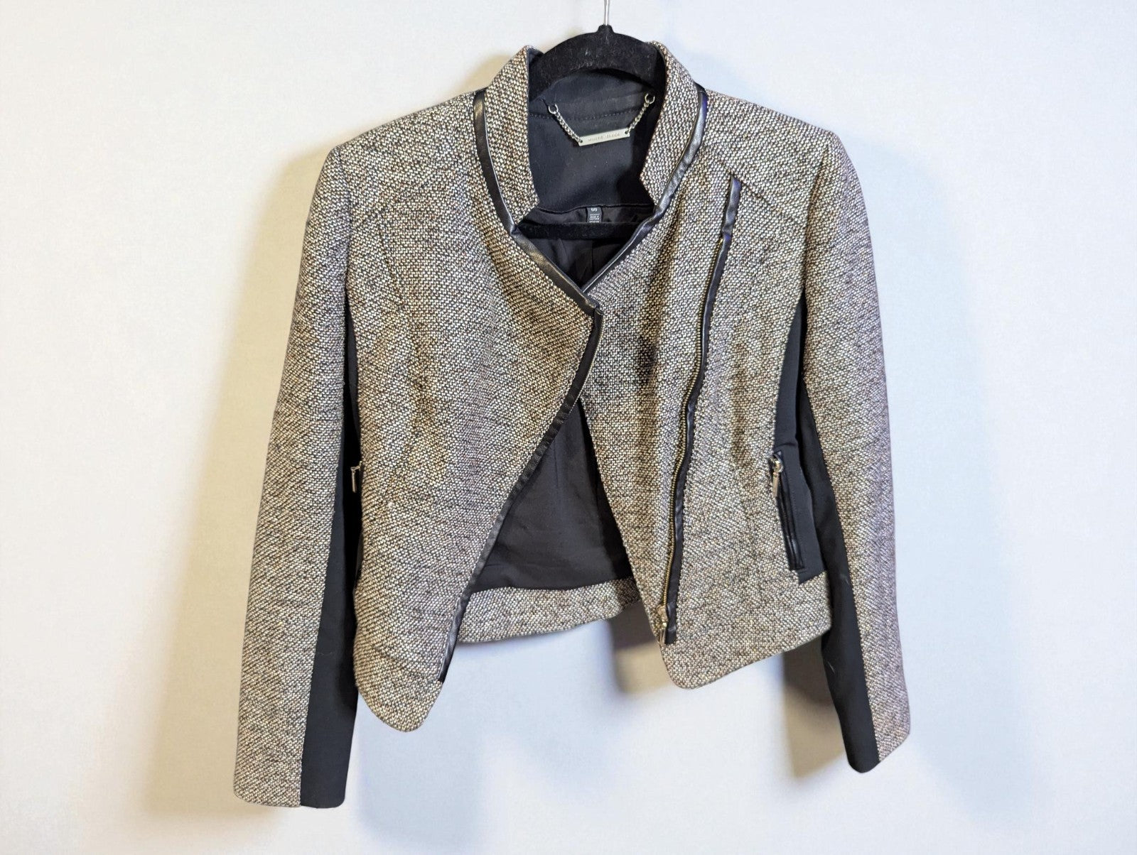 White House Black Market Tweed Moto Jacket with Faux-Leather Trim, Size 00