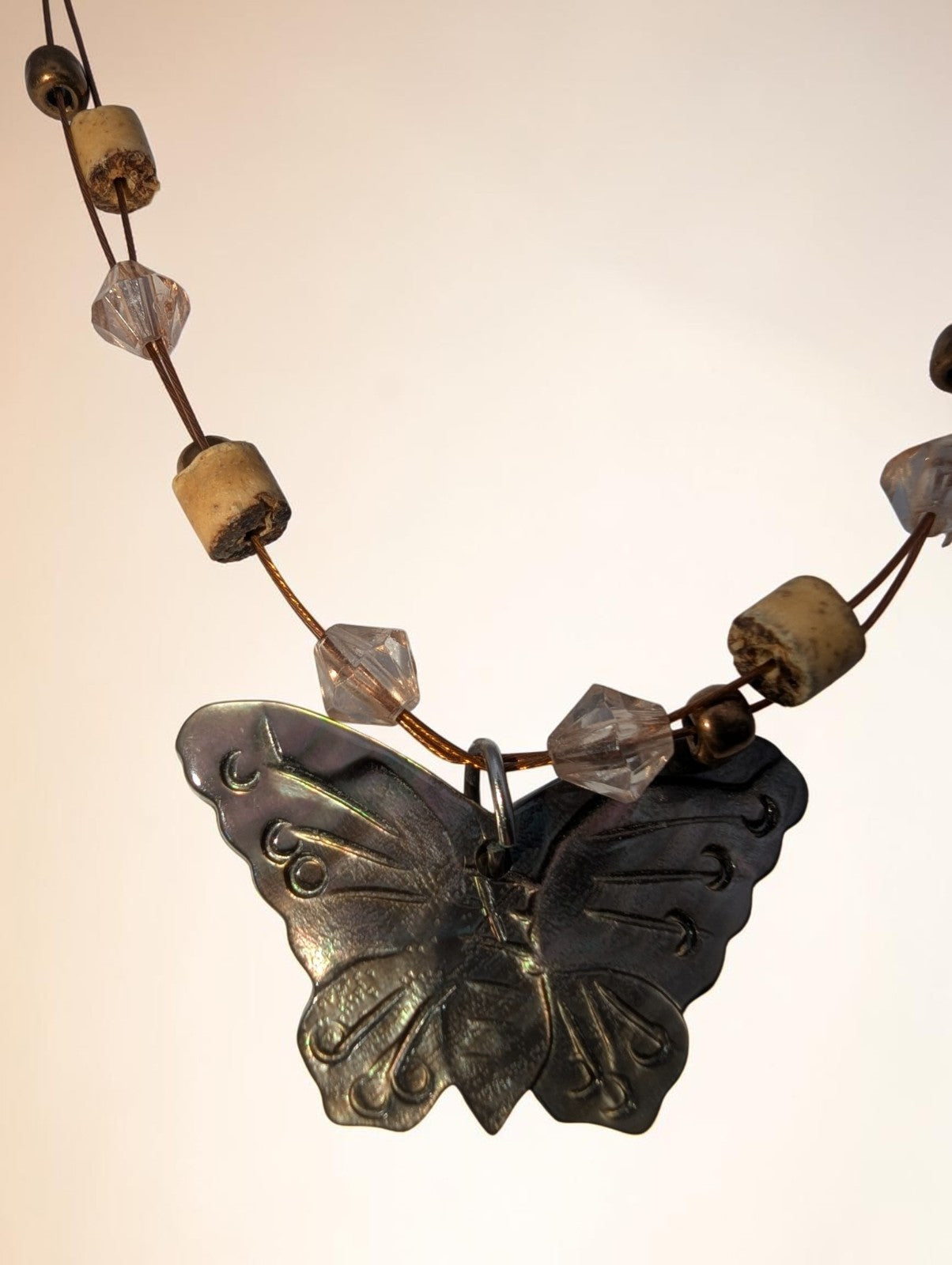 Irridescent Abalone Shell and Wood Bead Butterfly Necklace, 12"