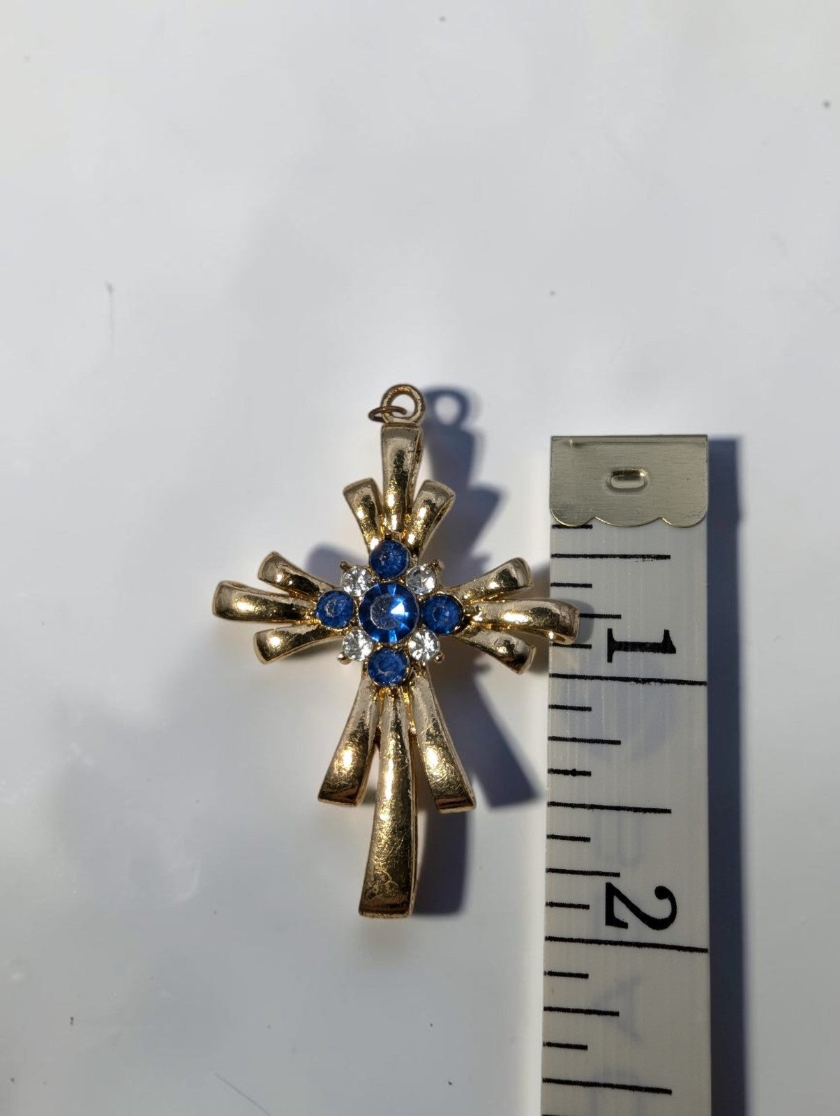 Vintage Gold Tone Cross Pendant, Blue and Clear Rhinestones