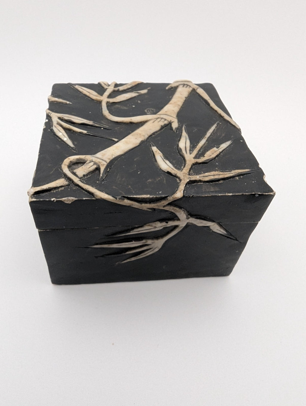 Vintage Hand-Carved Stone Trinket Box Bamboo Design, 2.25"