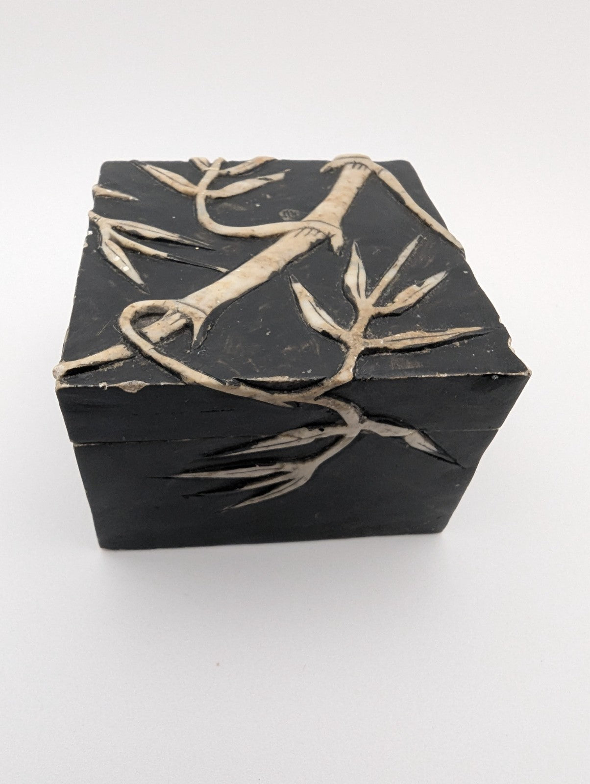 Vintage Hand-Carved Stone Trinket Box Bamboo Design, 2.25"