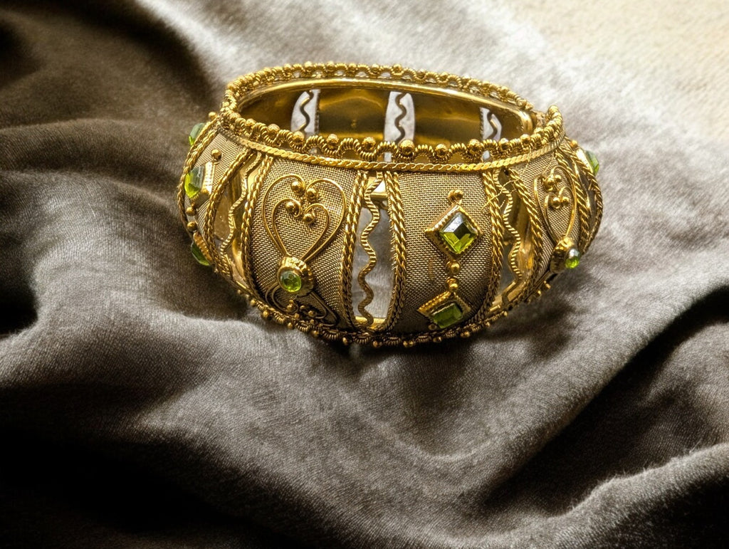 Vintage Gypsy Gold Mesh Bangle Bracelet, Green Gemstones