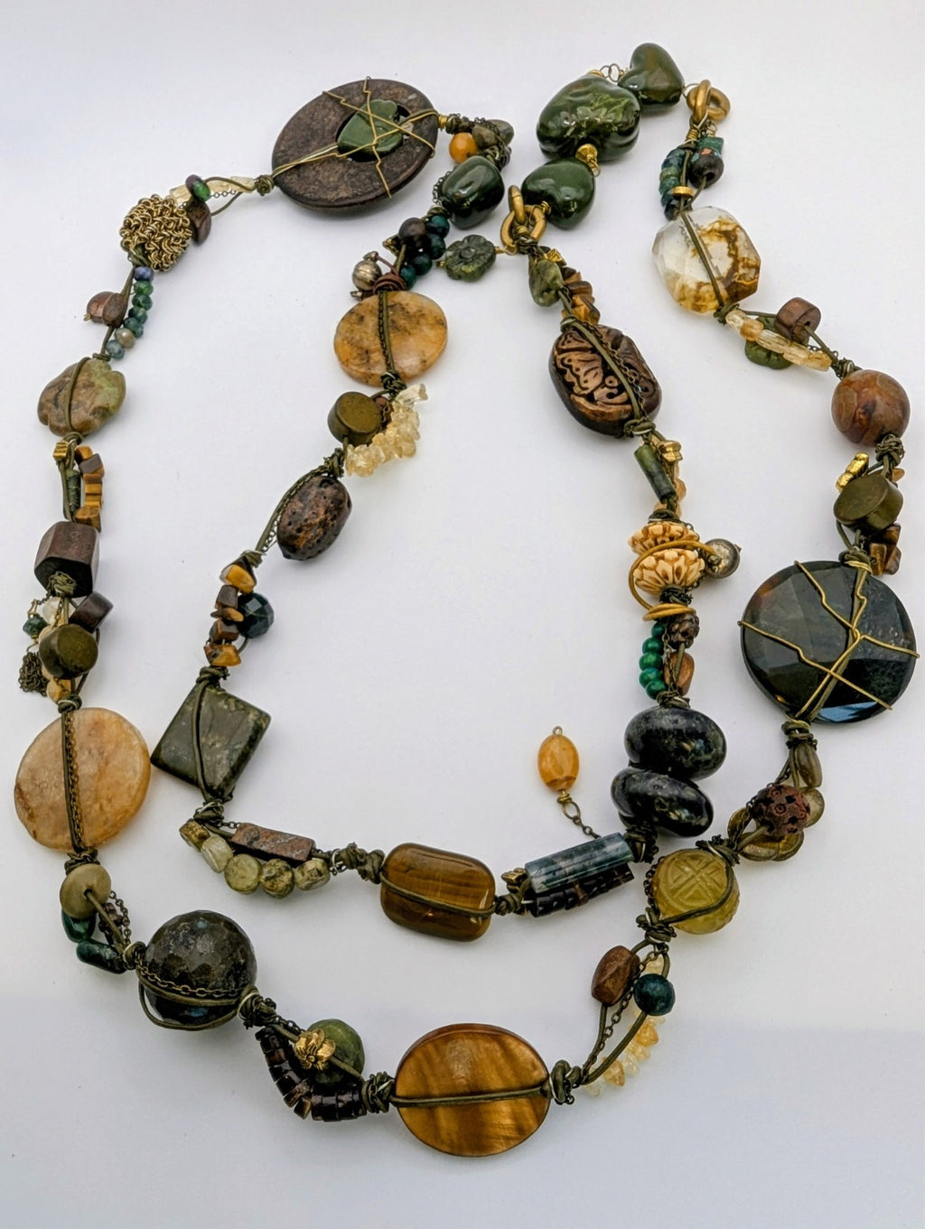 26" Natural Gemstone Necklace|Green Jasper, Quartz, Tiger's Eye