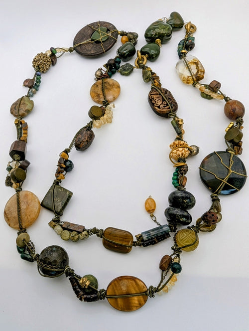 26" Natural Gemstone Necklace|Green Jasper, Quartz, Tiger's Eye