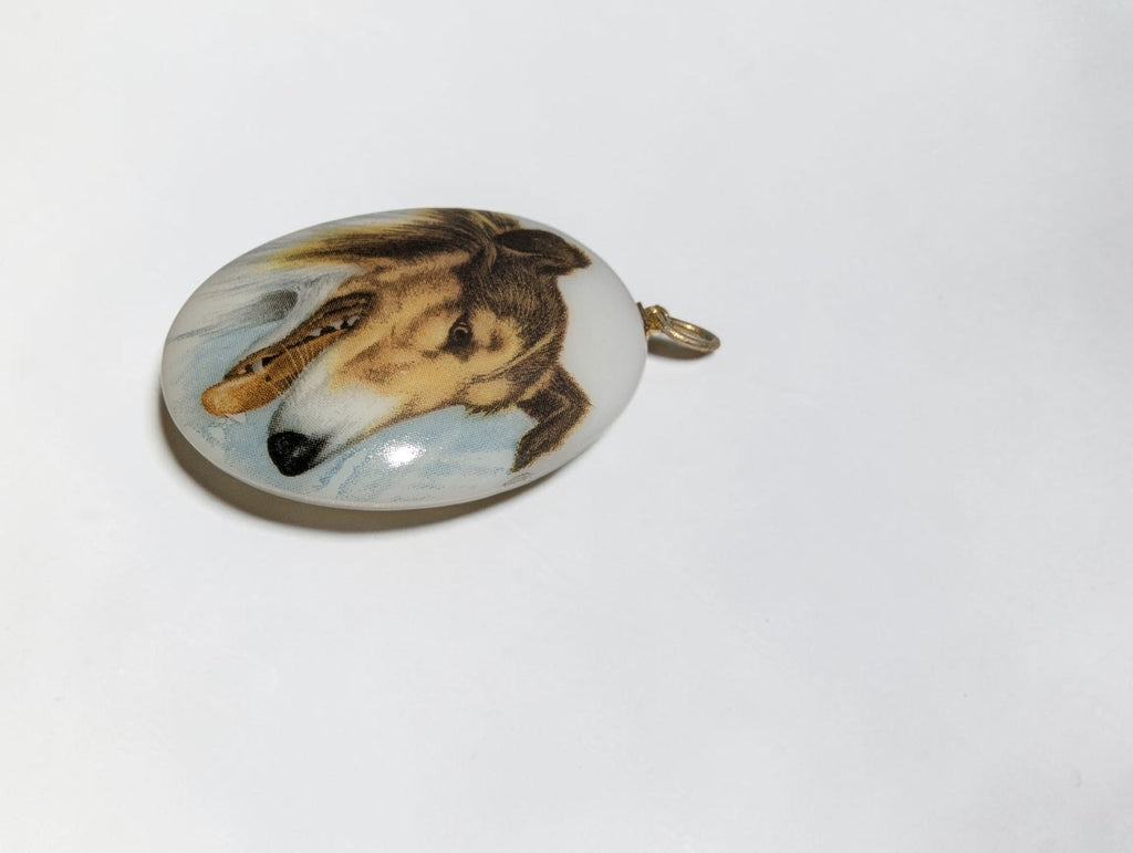 Vintage Porcelain Oval Shaped "Lassie" Collie Dog Necklace Pendant