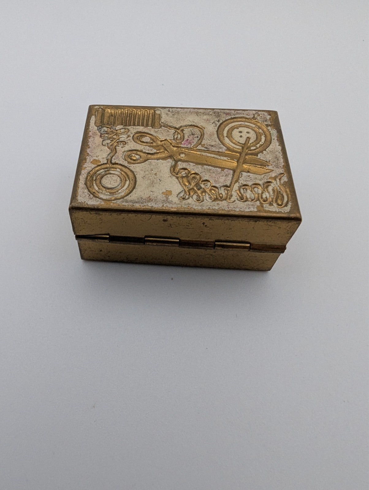 Vintage Sewing Theme Trinket Pill Box Gold Tone, 1.5"x1"