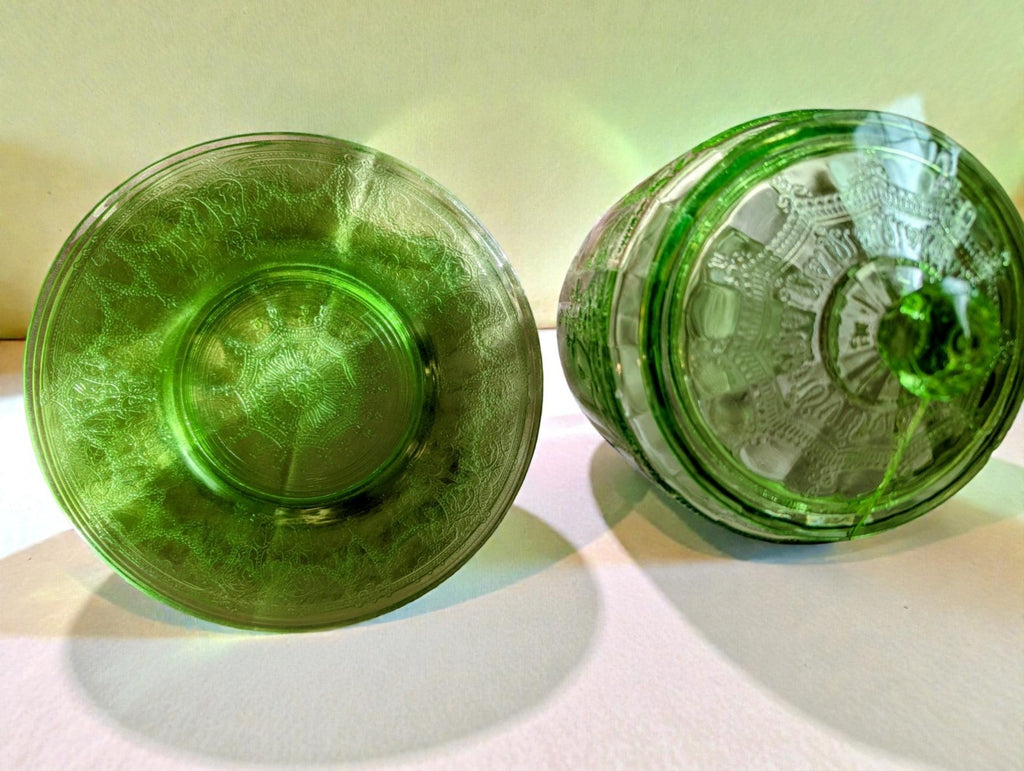 1920s-30s Uranium Green Glass Cookie Jar and (4) Plate Set