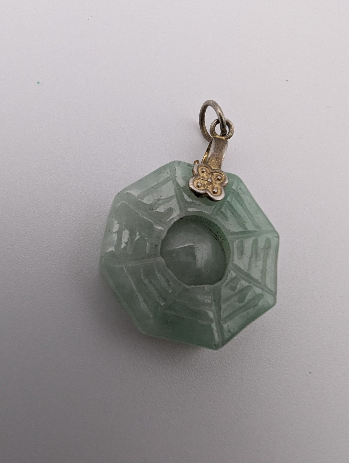 Green Jade Carved Bagua Eight Trigrams Pendant, 1"