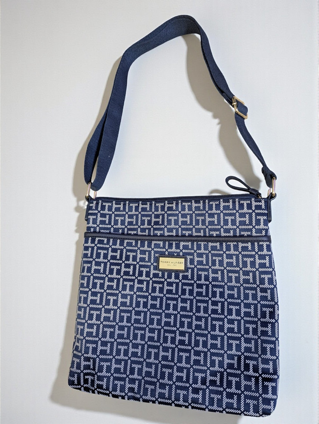 Tommy Hilfiger Navy Blue and White Monogram Jacquard Crossbody Bag