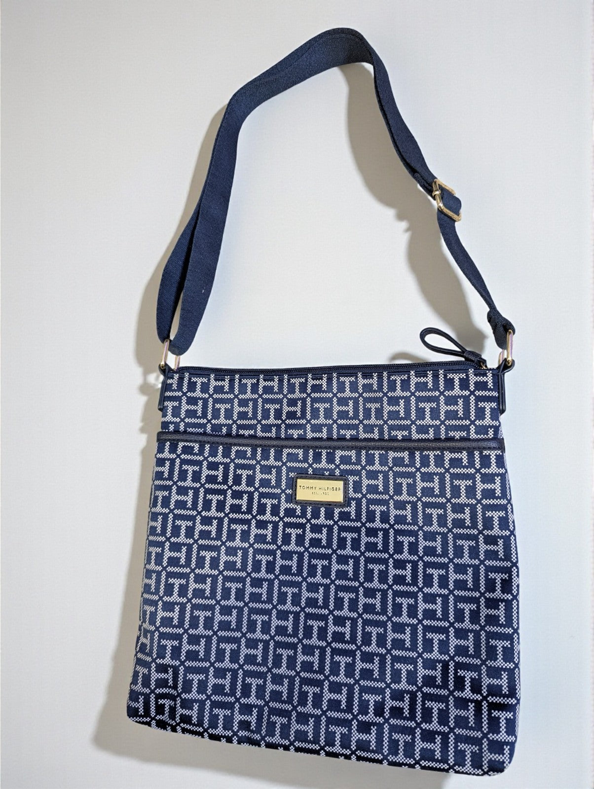 Tommy Hilfiger Navy Blue and White Monogram Jacquard Crossbody Bag