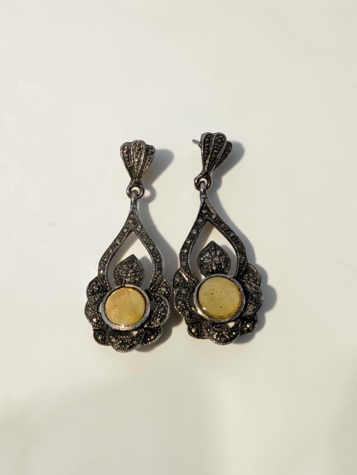 Vintage Sterling Silver Opal and Marcasite Drop Earrings