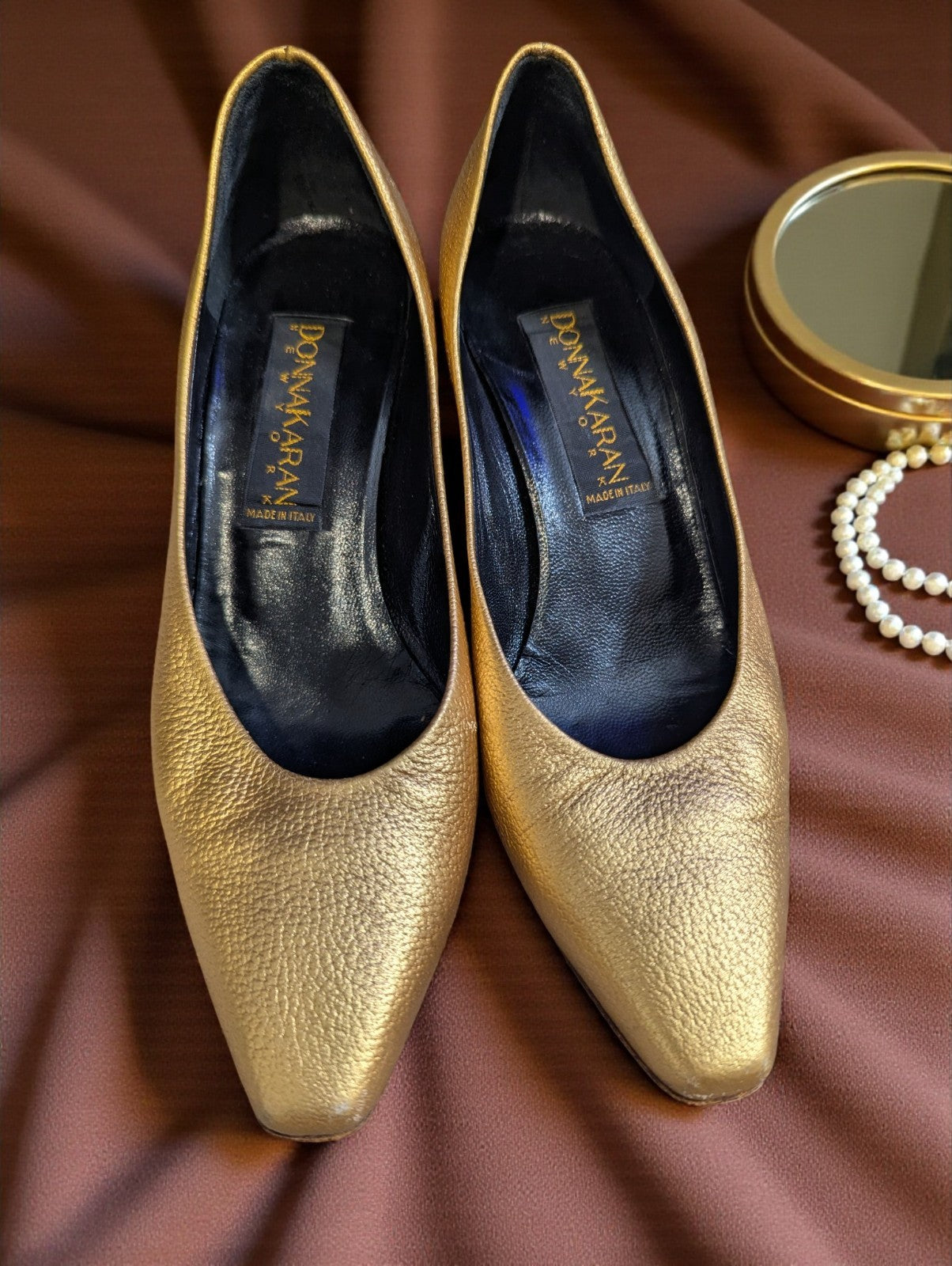 Vintage Donna Karan Leather Gold Metallic Heels, Size 5.5 Women's Pumps