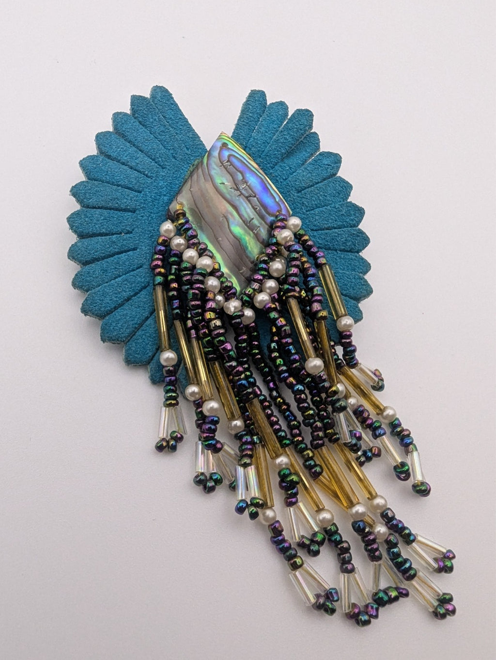 Handmade Brooch Teal Suede Leather, Paua Shell, Iridescent aurora borealis beads