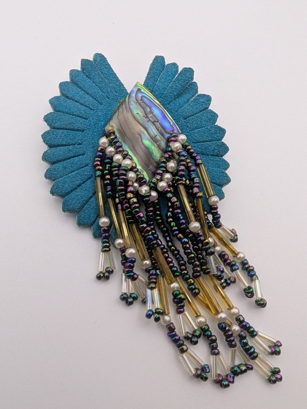 Handmade Brooch Teal Suede Leather, Paua Shell, Iridescent aurora borealis beads