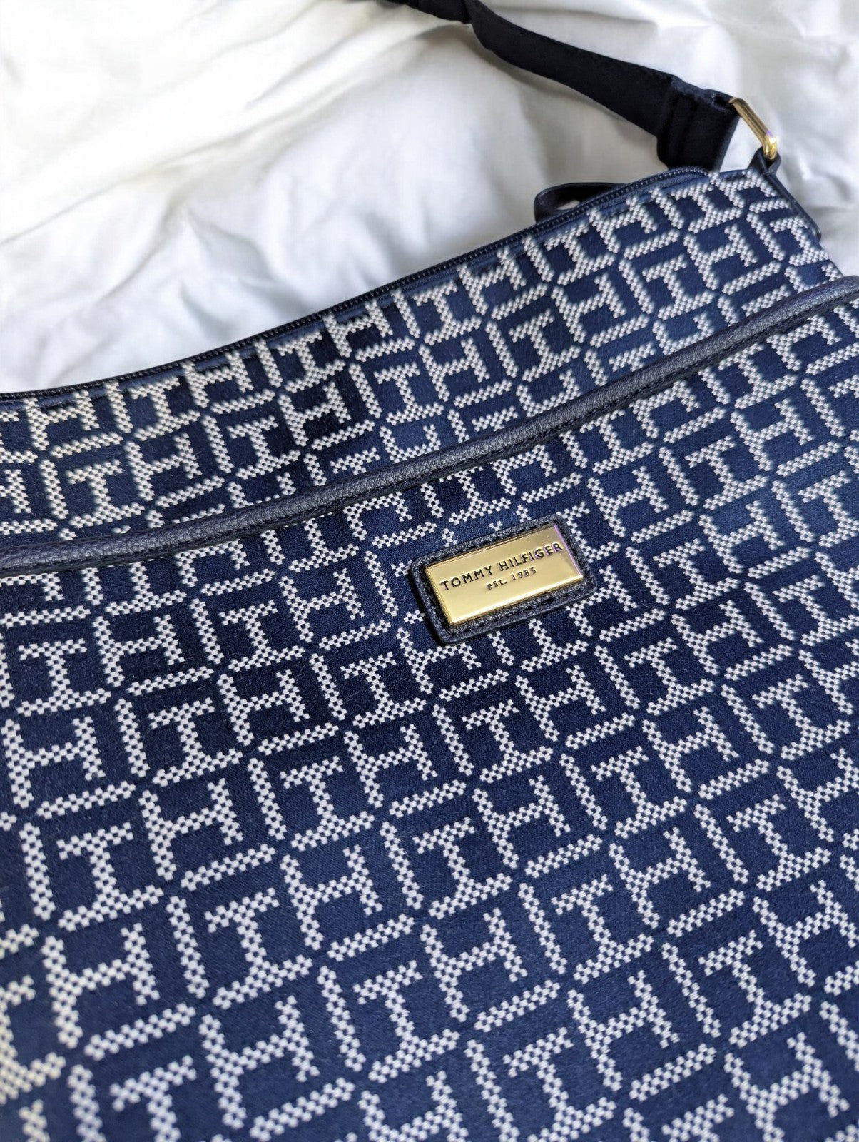 Tommy Hilfiger Navy Blue and White Monogram Jacquard Crossbody Bag