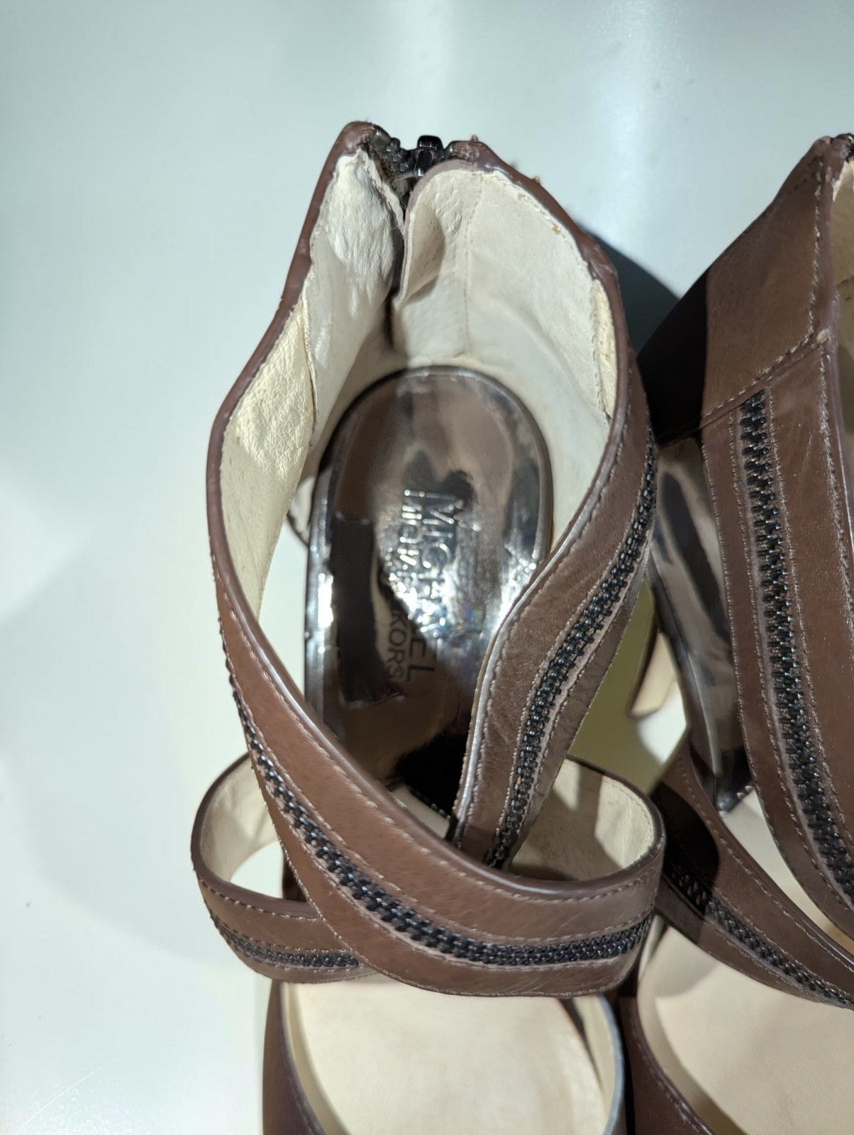 Michael Kors Brown Closed Toe Zipper CrissCross Heels Shoes, Size 8.5