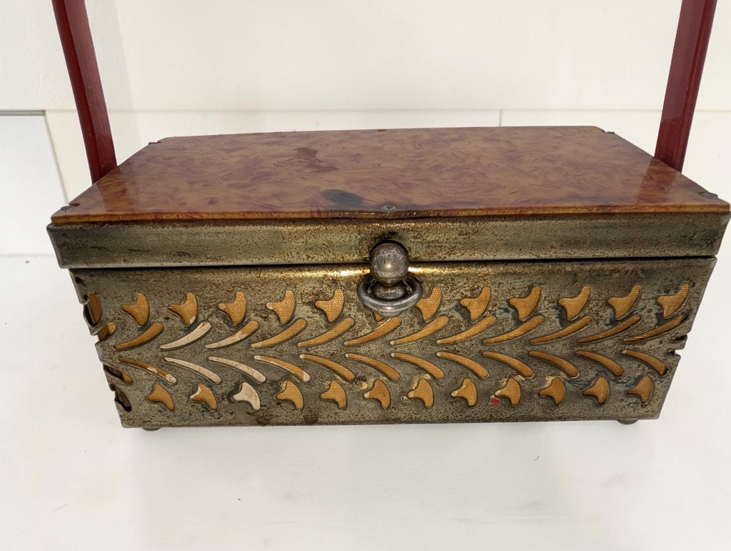 1950s Brass Filigree Box Purse, Amber Colored Plastic Lid