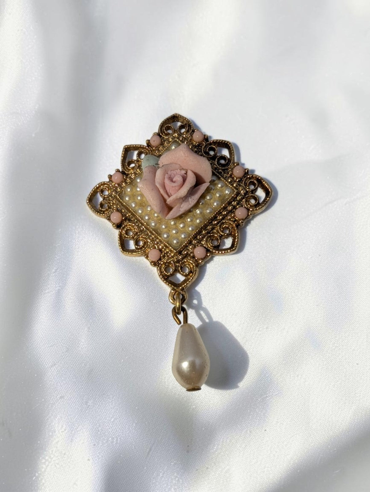Vintage 1928 Jewelry Company Brooch, Pink Porcelain Rose and Faux Pearl