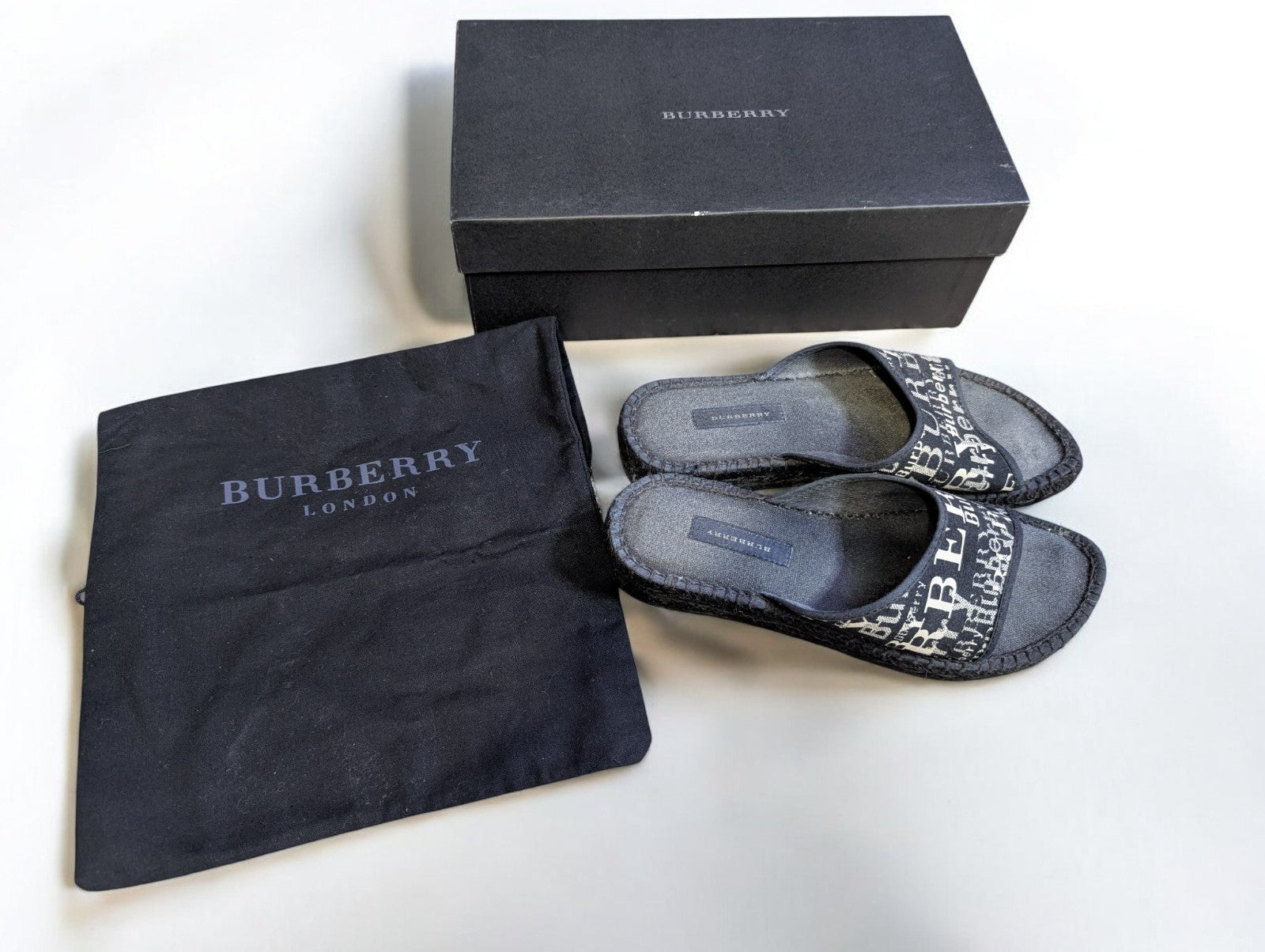 Burberry Espadrille Slides, Black & White Logo, Women's Size 36, Box & Dust Bag