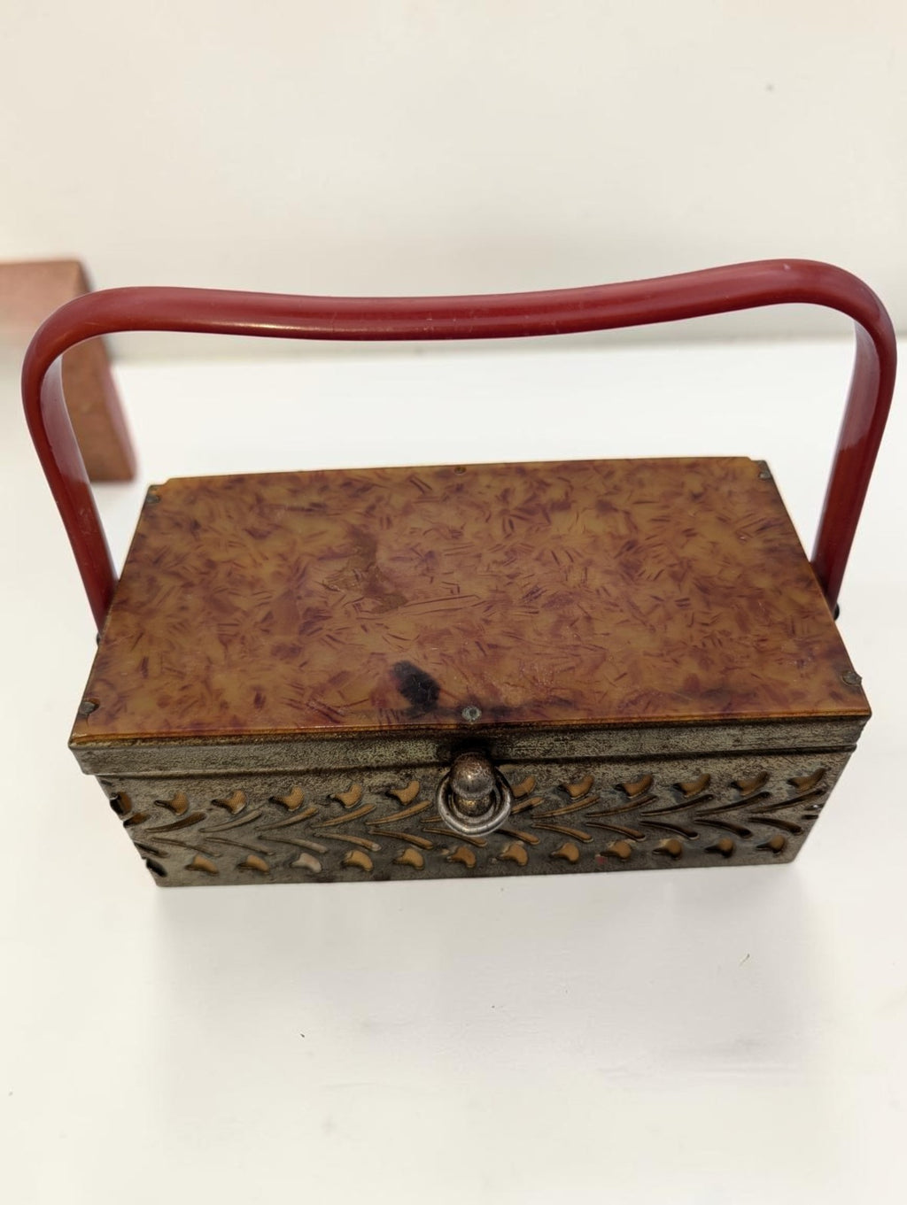 1950s Brass Filigree Box Purse, Amber Colored Plastic Lid