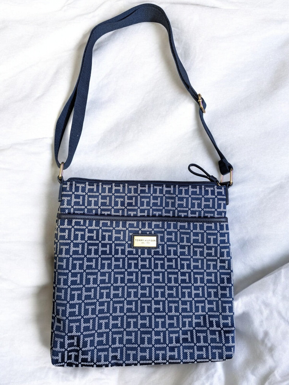 Tommy Hilfiger Navy Blue and White Monogram Jacquard Crossbody Bag