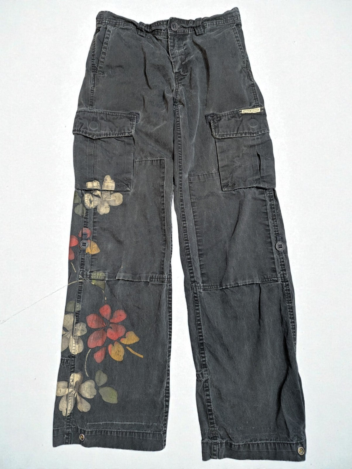Y2K Vintage Lucky Brand Dungaree Cargo Pants Faded Black Wash Floral, Size 2/26