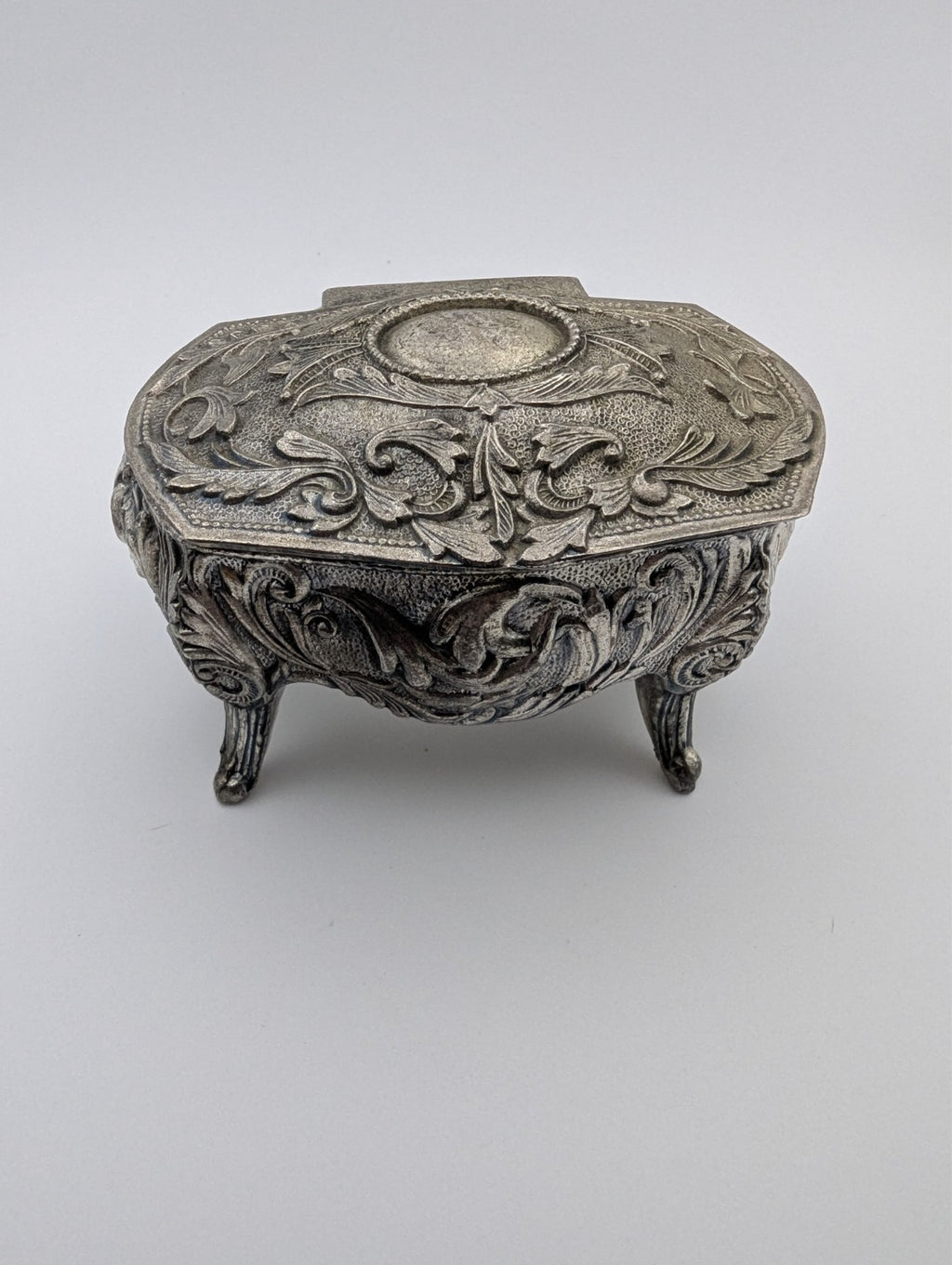 Vintage Metal Footed Jewelry Box Trinket Casket Blue Felt, 3.5"x2.5"