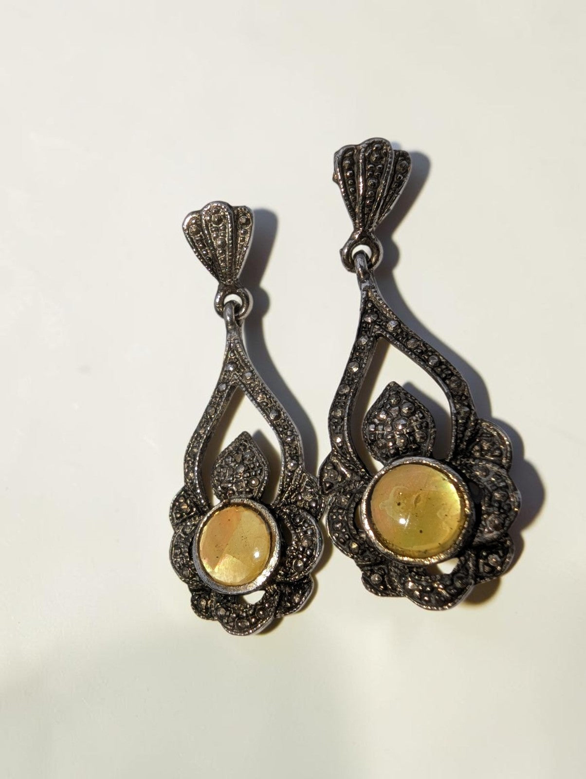 Vintage Sterling Silver Opal and Marcasite Drop Earrings