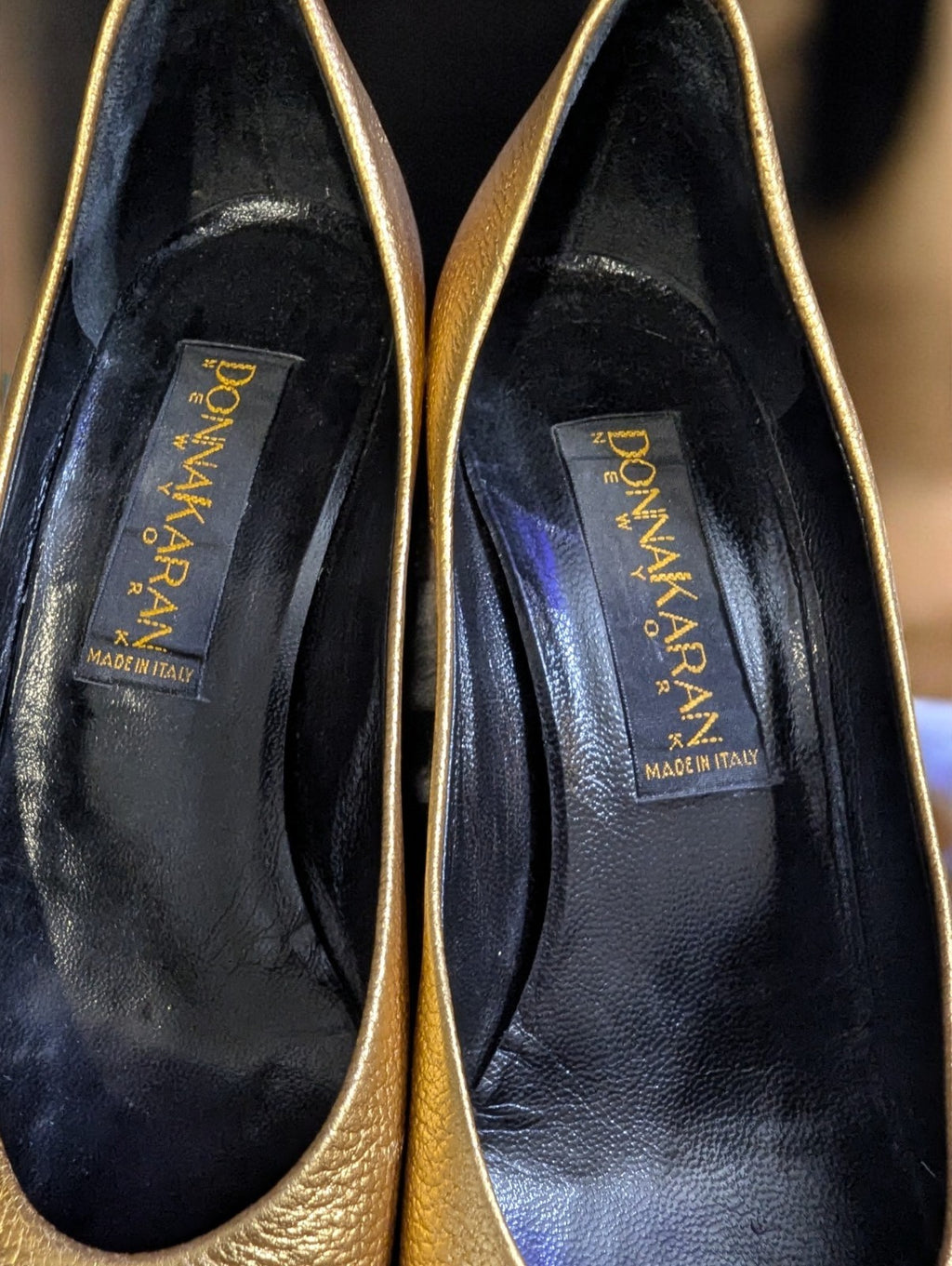Vintage Donna Karan Leather Gold Metallic Heels, Size 5.5 Women's Pumps