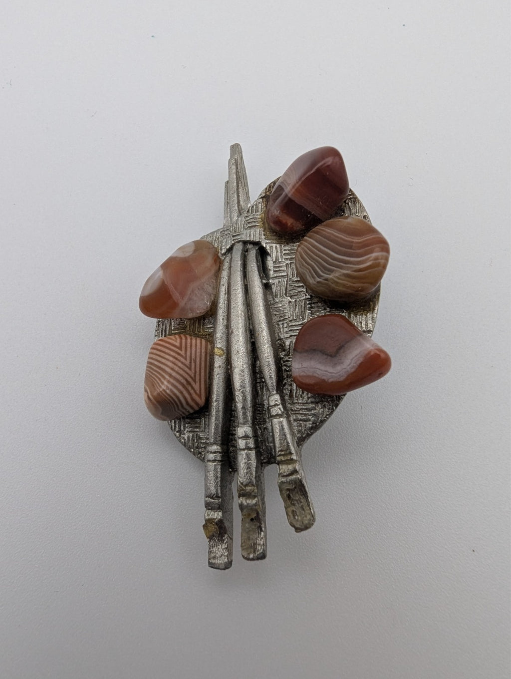 Silver Vintage Painter's Palette with Polished Agates Brooch
