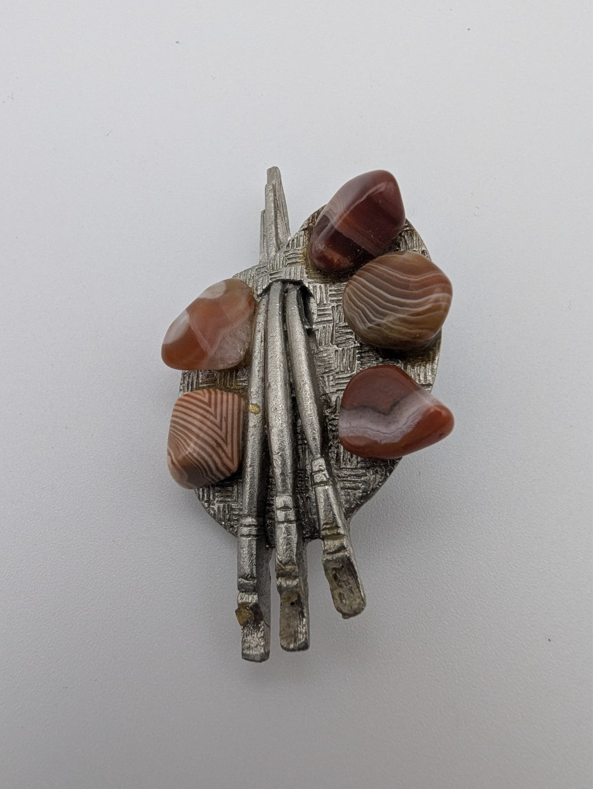 Silver Vintage Painter's Palette with Polished Agates Brooch